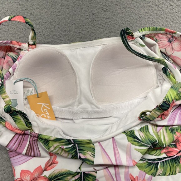 Kona Sol One Piece Swim Suit Womens Small Pink Tropical High Coverage Ruffle Top - Picture 4 of 11